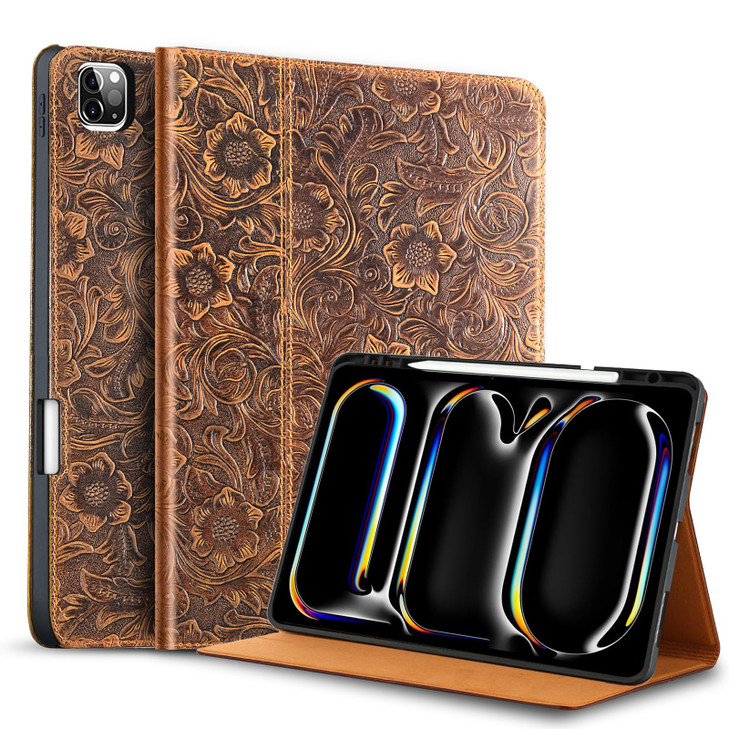 Gexmil Genuine Leather Case for iPad Pro 11 Inch (M5/M4) 2025/2024 with Pencil Holder,Protective Shockproof Leather Smart Folio Cover Adjustable Stan