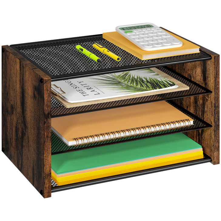 3-Tier Paper Letter Tray, Wooden Desk File Organizer, Stackable Metal Mesh Desk Organizer for Office Supplies. Small Paper Trays for Home Office Scho