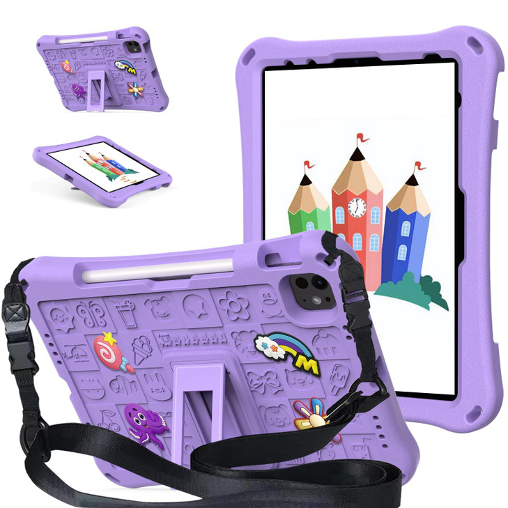 Techcircle Kids Case for iPad Pro 11-inch/Air 10.9" 11", iPad 10th Gen 2022 Cover with Shoulder Strap & Pencil Holder - Shockproof EVA Foam Cartoon E