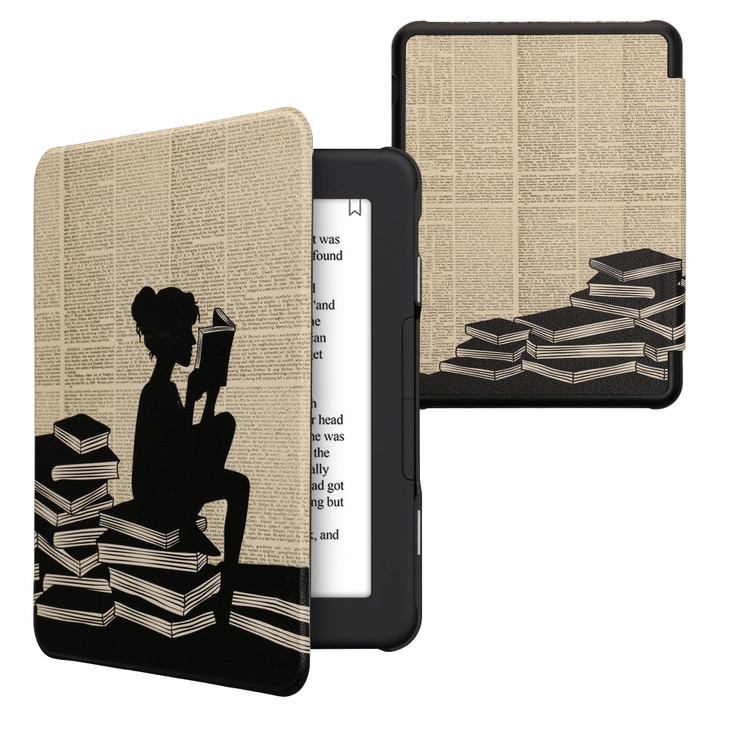 kwmobile Case Compatible with Barnes & Noble Nook Glowlight 4 Plus Case - eReader Cover - Girl and Books Black/Beige