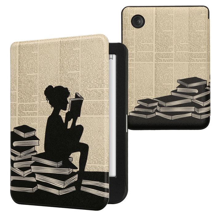 kwmobile Case Compatible with Kobo Clara BW/Colour Case - eReader Cover - Girl and Books Black/Beige