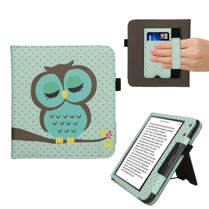 kwmobile Case Compatible with Kobo Libra Colour - Case PU Leather Cover with Magnet Closure, Stand, Strap, Card Slot - Sleeping Owl Turquoise/Brown/M