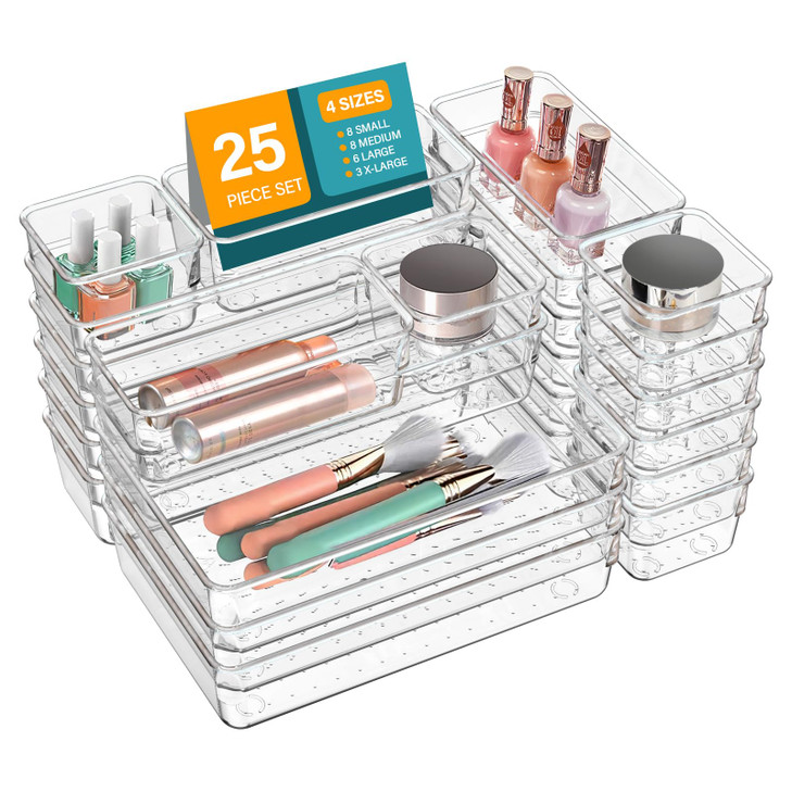 LUSCREAL 25 PCS Clear Plastic Drawer Organizers and Dividers, 4 Sizes Stackable Drawer Storage Bins and Organizer Trays for Bathroom, Kitchen, Office