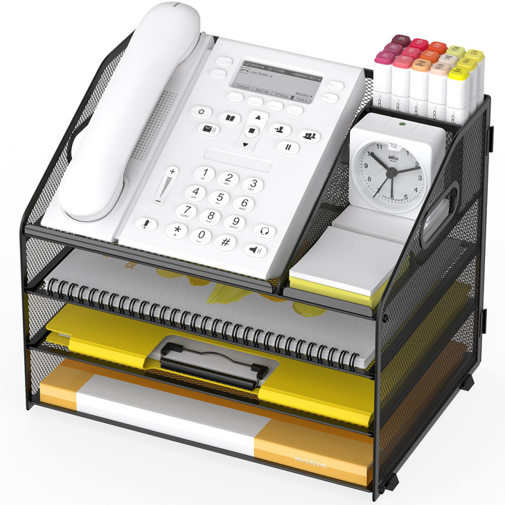 OrgMate Letter Tray Paper, 4 Tier Desk Organizer with Pen Holder and Handle Mesh File Organizer Paper Sorter Metal Desktop Document Shelf for Office