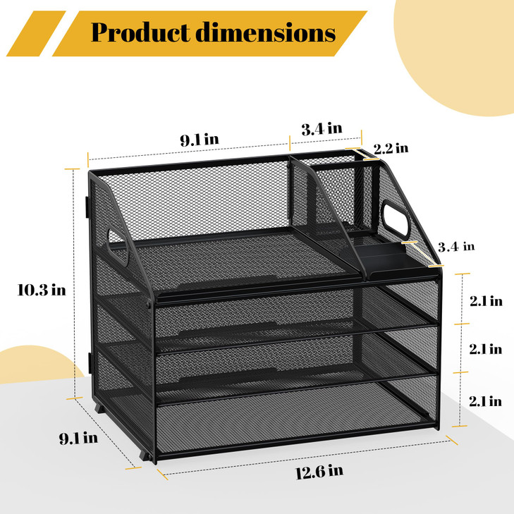 OrgMate Letter Tray Paper, 4 Tier Desk Organizer with Pen Holder and Handle Mesh File Organizer Paper Sorter Metal Desktop Document Shelf for Office