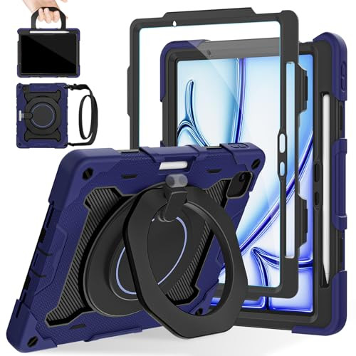 ROISKIN for iPad Air 11 inch Case M3 2025/M2 2024(Air 7th/6th Generation)-with HD Screen Protector, 360 Rotating Kickstand/Handle, Shoulder Strap, Pe