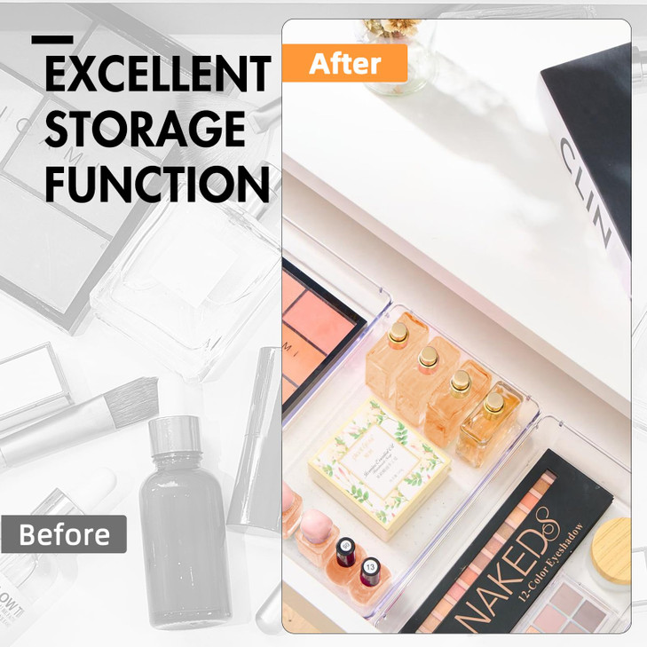 HOUSE DAY Desk Drawer Organizer Bins 6 PCS, 9*6*2" Clear Drawer Organizers with Silicone Pads, Vanity Organizers and Storage, Non Slip Plastic Drawer