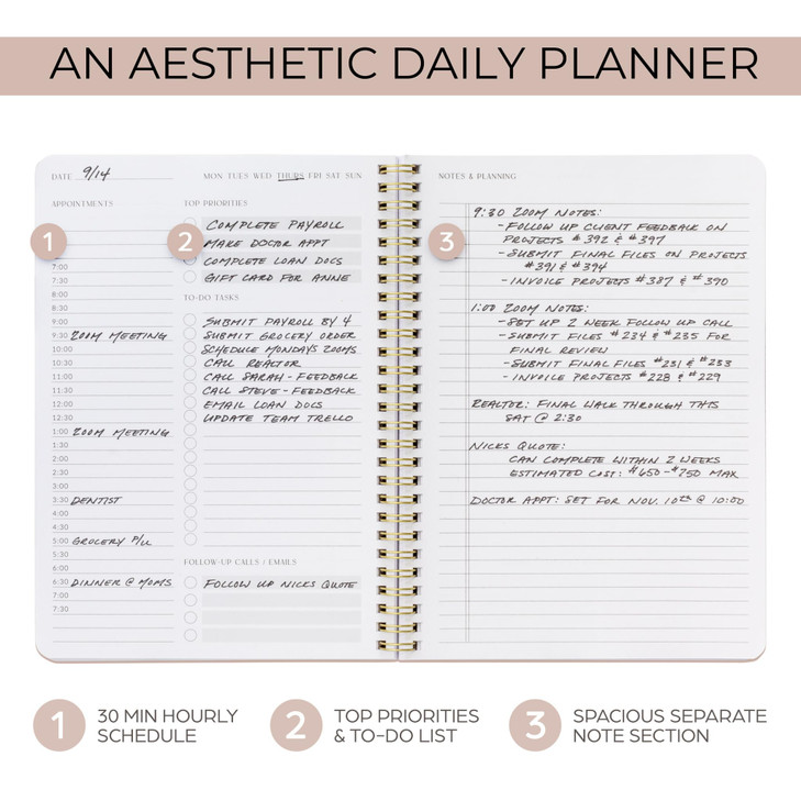 Beautiful Daily Planner And Notebook With Hourly Schedule - Aesthetic Spiral To do List Notepad to Easily Organize Your Tasks And Appointments - Styl
