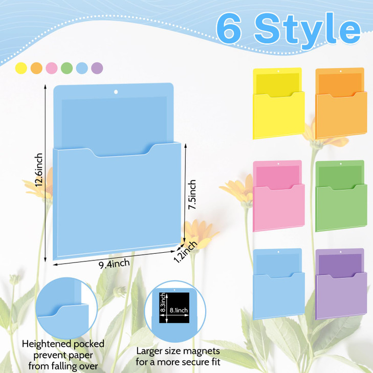 Fuutreo 6 Pcs Magnetic Wall File Organizer Magnetic Wall File Holder Refrigerator Magazine Holder for Mail Letters Paper(Macaron Color,12.2 x 9.4 Inc