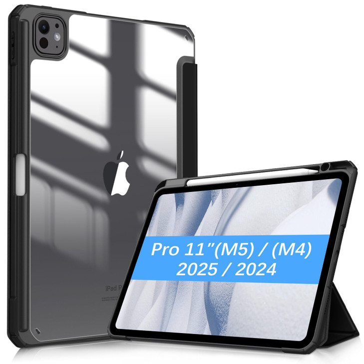 Fintie Hybrid Slim Case for iPad Pro 11-inch (M5) 2025 / (M4) 2024 - [Built-in Pencil Holder] Shockproof Protective Cover with Clear Transparent Back