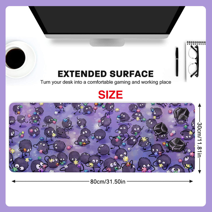 Babymiu Anime Cute Soot Sprite Large Mouse Pad Desk Mat 11.8×31.5 Inch with Non-Slip Rubber Base Stitched Edge Mouse Pad for Computer Laptop Office A