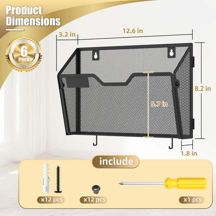 Docnest 6 Pack Hanging Wall File Holders, Mesh Wall Letter File Holder, Wall Mounted Mail Paper Document Folder Holder with Hooks for Office, Home, S