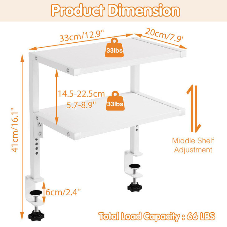IBUYKE Clamp on Desk Organizer Shelf,12.9 inches Desk Extender Shelves, Above or Below Desk 2-Tier Adjustable Storage Shelves for Desktop Accessories