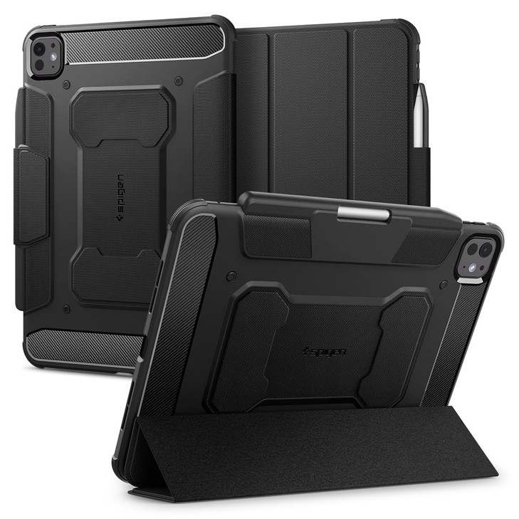 Spigen for iPad Pro 11 inch Case M5/M4 (2025-2024), Rugged Armor Pro, Tri-fold Kickstand Protective Folio Cover with Pencil Holder, Supports Auto Wak