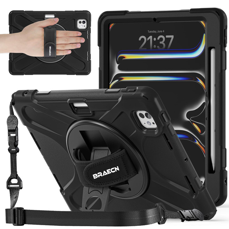 BRAECNstock for Apple iPad Pro 11 inch Case M5 2025/ M4 2024, Shockproof Protective Case with Pencil Holder,360° Rotating Hand Strap + Stand, Shoulde