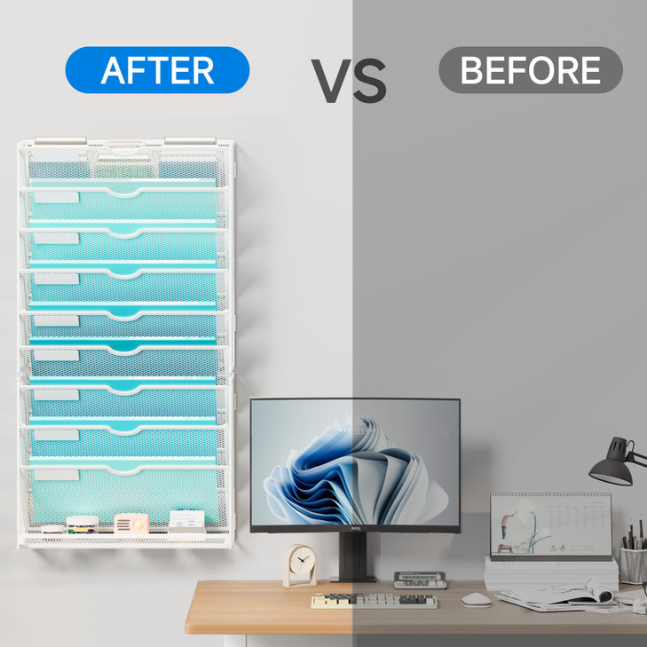 Lavatino 10-Tier Hanging Wall File Folders Organizer - White Metal Mesh Paper Magazine Document Mail Holder File Organizer for Office School Home Wal