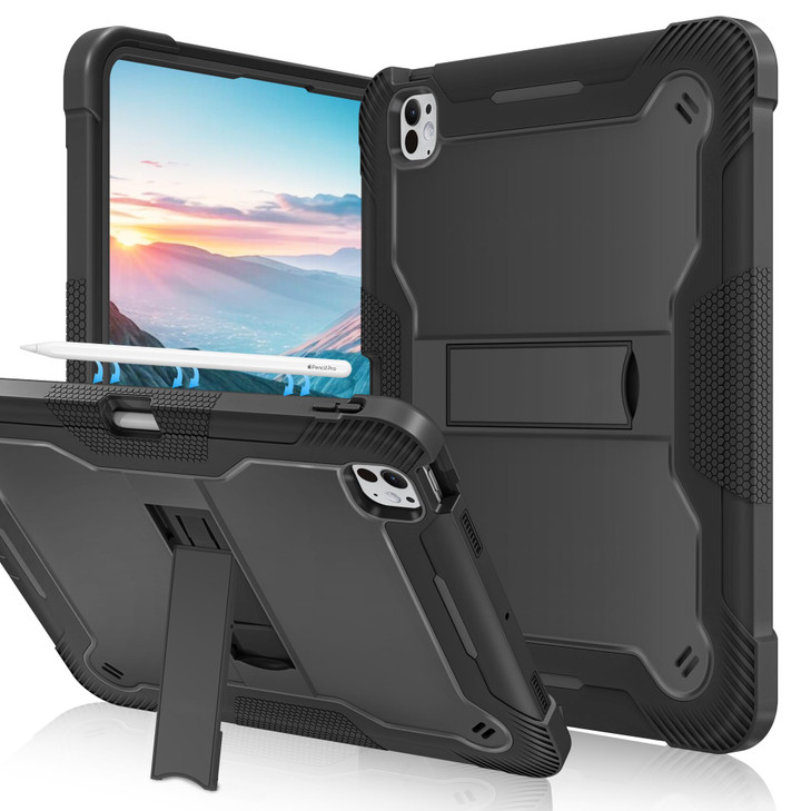 Fingic for iPad Pro 11 inch Case 2024 M4 5th Generation with Pencil Holder Heavy Duty High-Impact Shockproof Soft Silicone Rugged Hard PC Bumper Kick