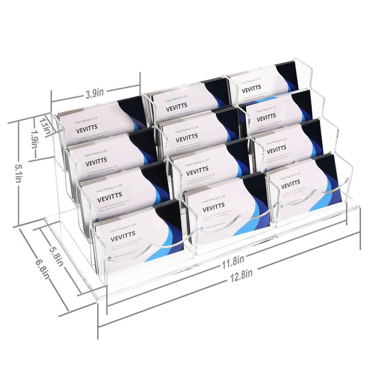 Vevitts Business Acrylic Card Holder Display for Desk, 12 Slots 4 Tiers Multiple-Clear Acrylic Business Card Stand Set, Holds Approximately 600 Cards