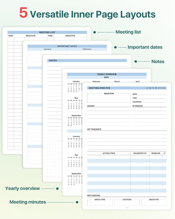 WEMATE Meeting Notebook for Work, Work Planner Notebook With Action Items, Easily Take Meeting Notes & Keep Agendas on Track, Calender, Index Page, I