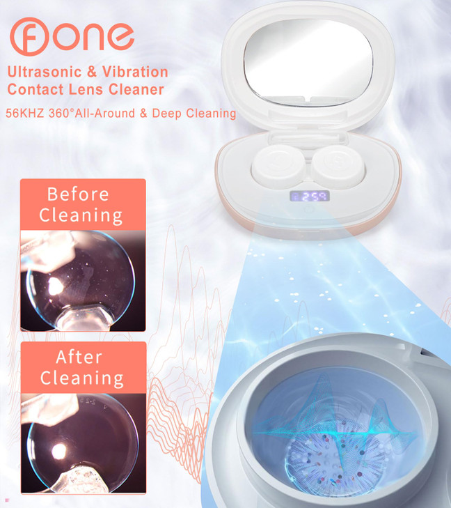 ofone Contact Lens Cleaner, Ultrasonic Contact Lens Cleaning Machine with USB Charger, Timer Display and 5 Contact Solution Cases Kit Replacement for