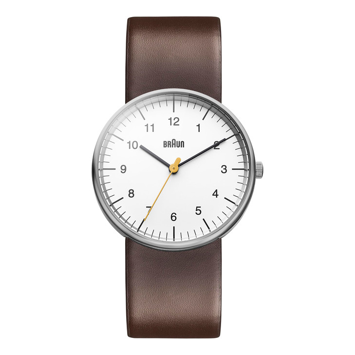 Braun Mens 3-Hand Analogue Quartz Watch, White Dial and Brown Leather Strap, 38mm Stainless Steel Case, Model BN0021WHBRG.