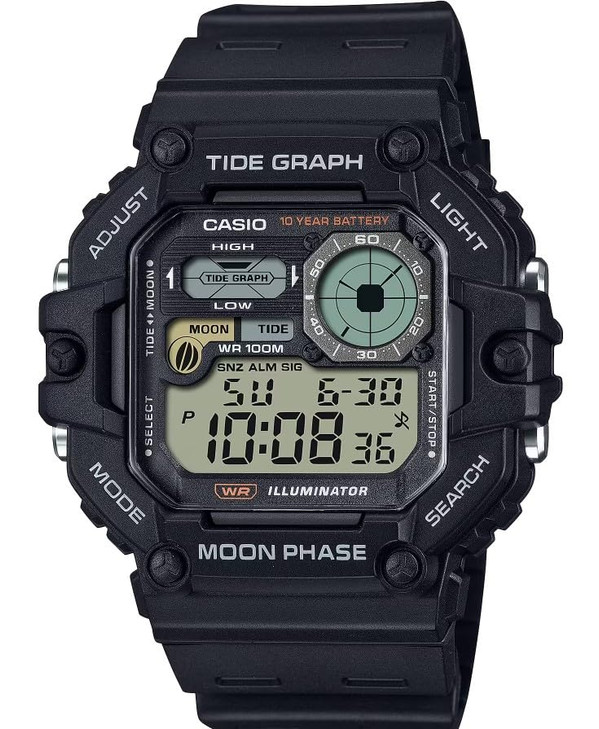 Casio WS-1700H Series | Illuminator Tide Graph Moon Phase | Mens Digital Watch | Black | 100M WR | Resin Band | Dual Time | Countdown Timer | Multi