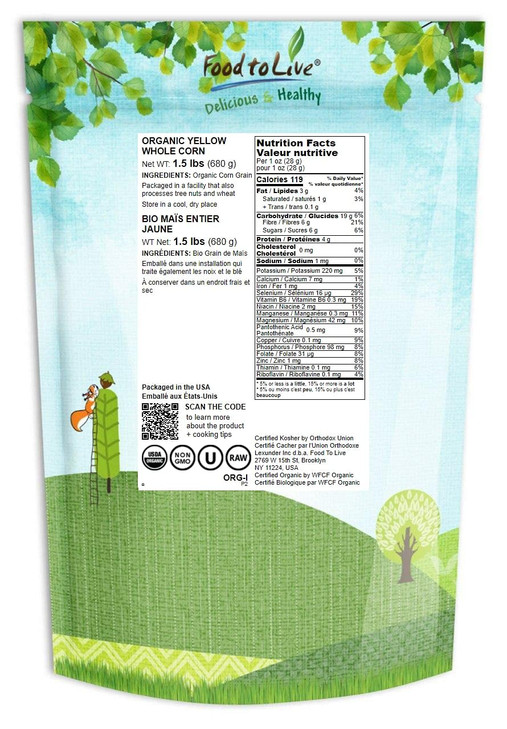 Food to Live Organic Yellow Whole Corn, 1.5 Pounds - Non-GMO Maize, Cleaned and Dried Kernels, Vegan, Kosher, Bulk Cereal Grain, Good Source of B vit
