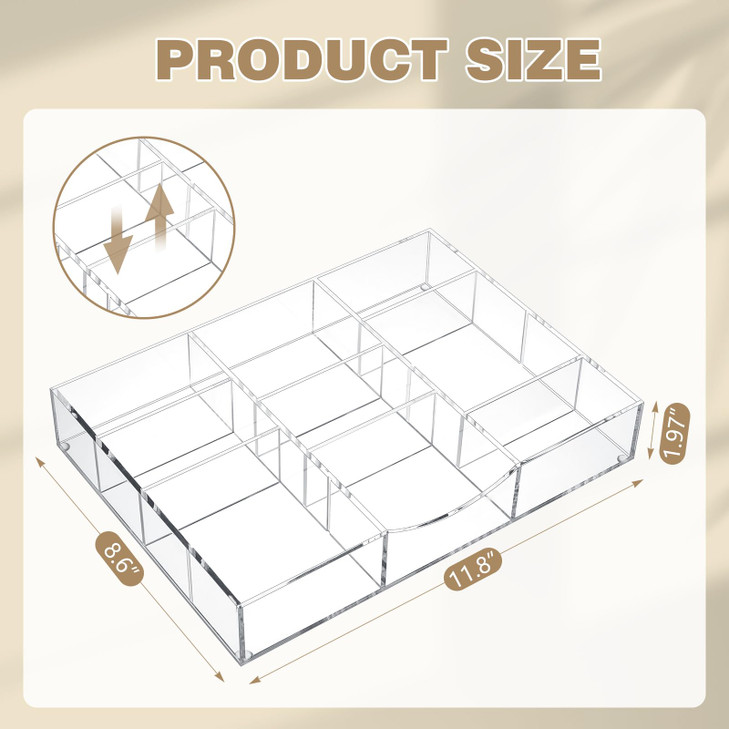 Briwooody Acrylic Drawer Organizer Clear Desk Drawer Organizer Trays with Adjustable Compartments Desk Accessories for Office Stationery Makeup Silve