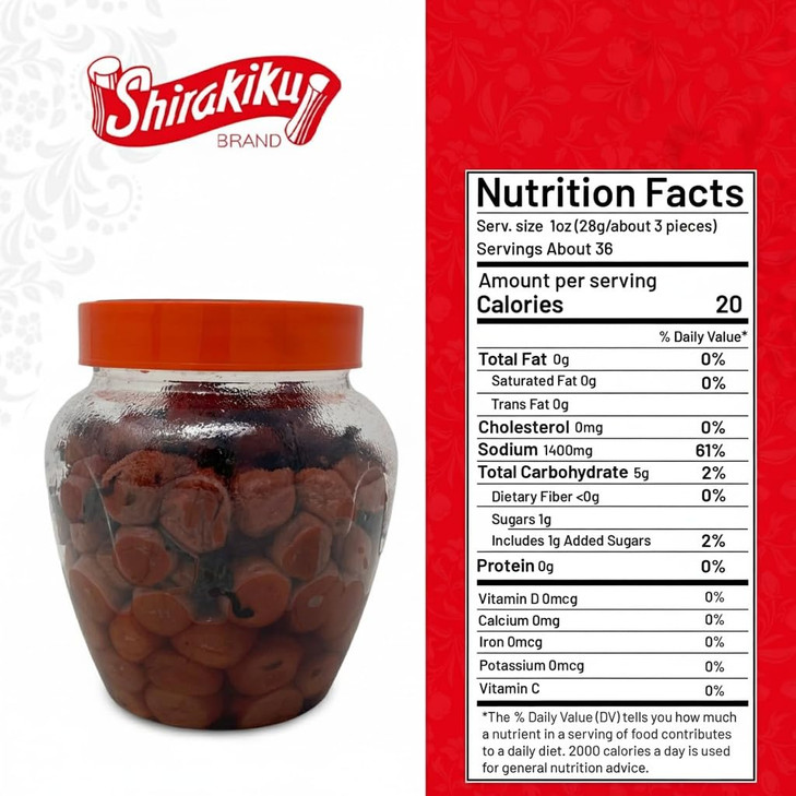 Shirakiku Salted Plums Shiso Ume PET | Japanese Umeboshi Plums for Vinaigrettes, Noodles, Sandwiches, & Rice Balls | High Fructose Syrup, Seasoned Pe