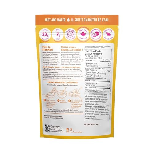 Flourish Protein Pancake & Waffle Mix, with Whey Protein & Flax Seed, No Added Sugar, High in Protein & Fiber - Just Add Water - Buttermilk Flavour,