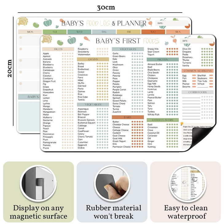 BIROYAL 2 Pack Baby First Food Checklist, Baby First Foods Tracker Fridge Magnet & Daily Food Log Meal Planner, 12"x8" Dry Erase Baby Foods Chart, 10