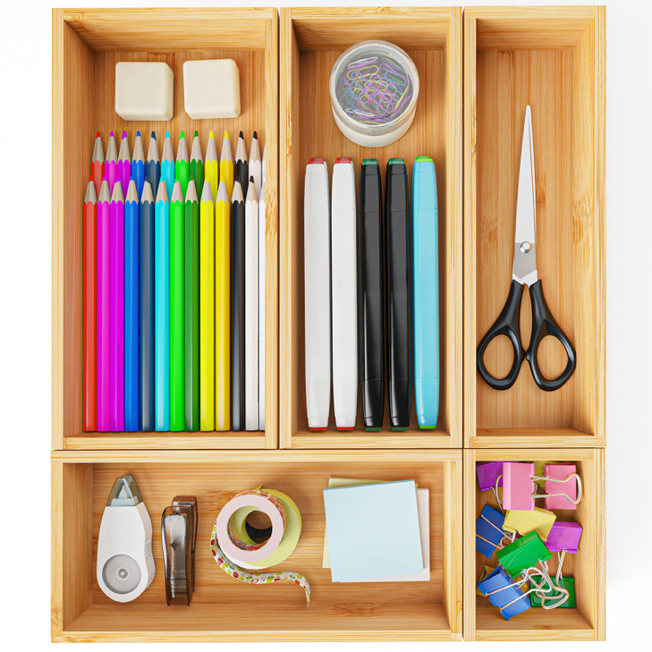 HUCINIUN Bamboo Drawer Organizer Boxes, 5 PCS Junk Drawer Organizer, Wooden Storage Trays for Kitchen, Bathroom, Office, Makeup