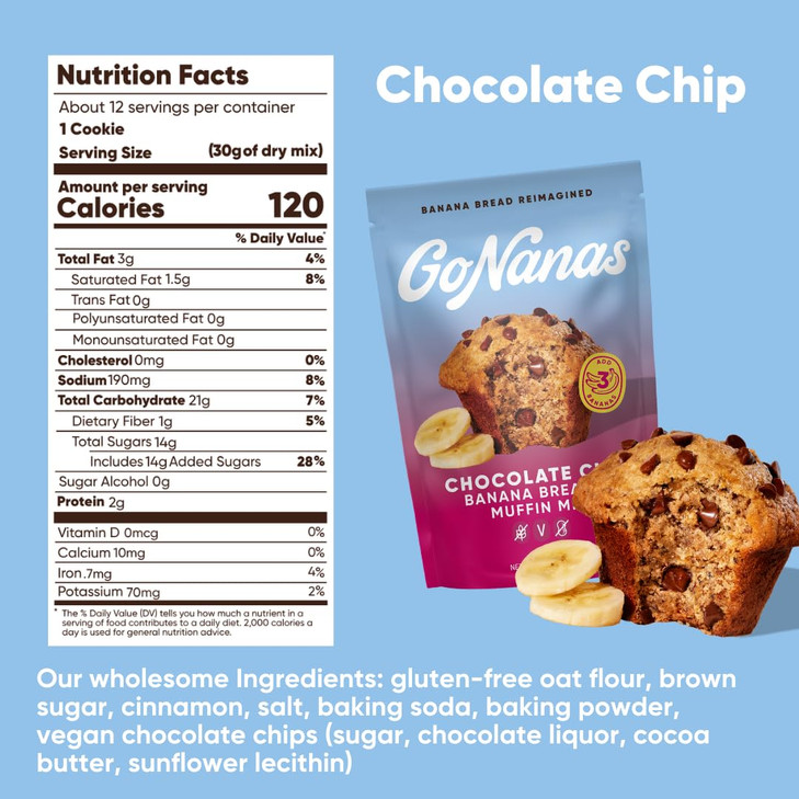 GoNanas Chocolate Chip Oat Flour Banana Bread Mix, Suitable for Plant Based Vegan Diets, Gluten Free Dairy Free Snacks, Healthy Snacks For Adults, Mu