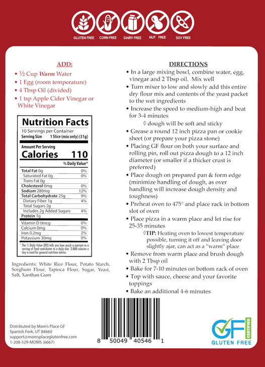 Mom's Place Gluten-Free Classic Pizza Dough Mix - Gluten Free, Dairy Free & Nut Free - Makes 1 Pizza Crust, 11.1 oz