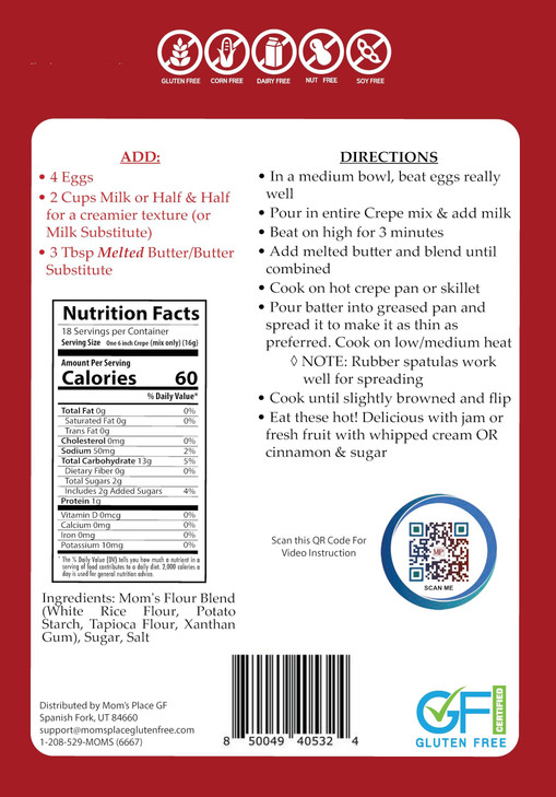Mom's Place Gluten-Free Crepe Mix, Easy to Prepare, Nut Free, Dairy Free & Soy Free, Makes 18 Servings, 9.9 oz