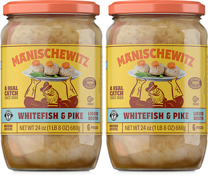Manischewitz Whitefish & Pike Gefilte Fish in Liquid Broth 24oz (2 Pack), All Natural, Packed with Protein, No Added MSG, Kosher for Passover