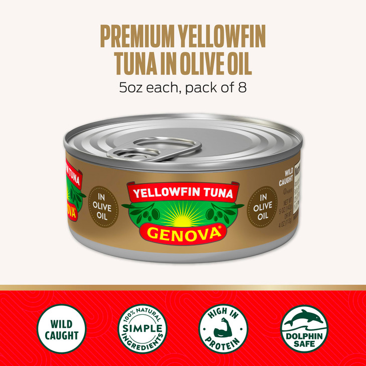 Genova Premium Yellowfin Tuna in Olive Oil, 5 Ounce Cans, 8-Pack  Nutrient Rich, High Protein Canned Tuna Fish - Delicious, Easy, Nutritious Ready t