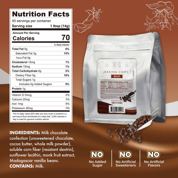 ChocZero Milk Chocolate Chips, No Added Sugar, Keto & Low Carb, Gluten Free, No Sugar Alcohols, 20 oz Bag for Baking & Desserts