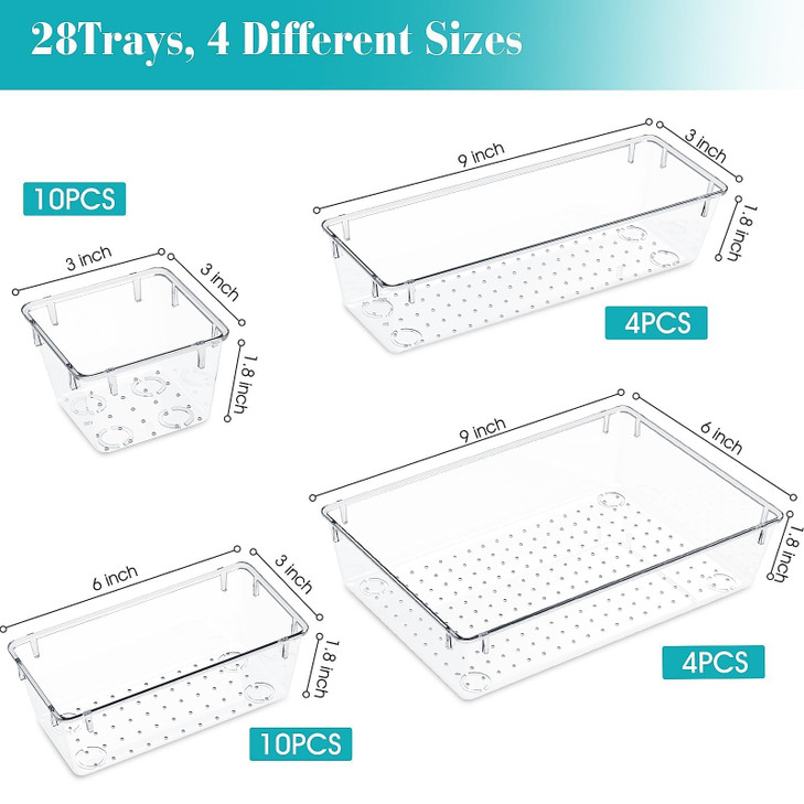 StorMiracle 28 PCS Clear Plastic Drawer Organizers Set, 4 Size Desk Drawer Organizer Trays for Makeup, Jewelry, Kitchen Utensils, Gadgets and Office