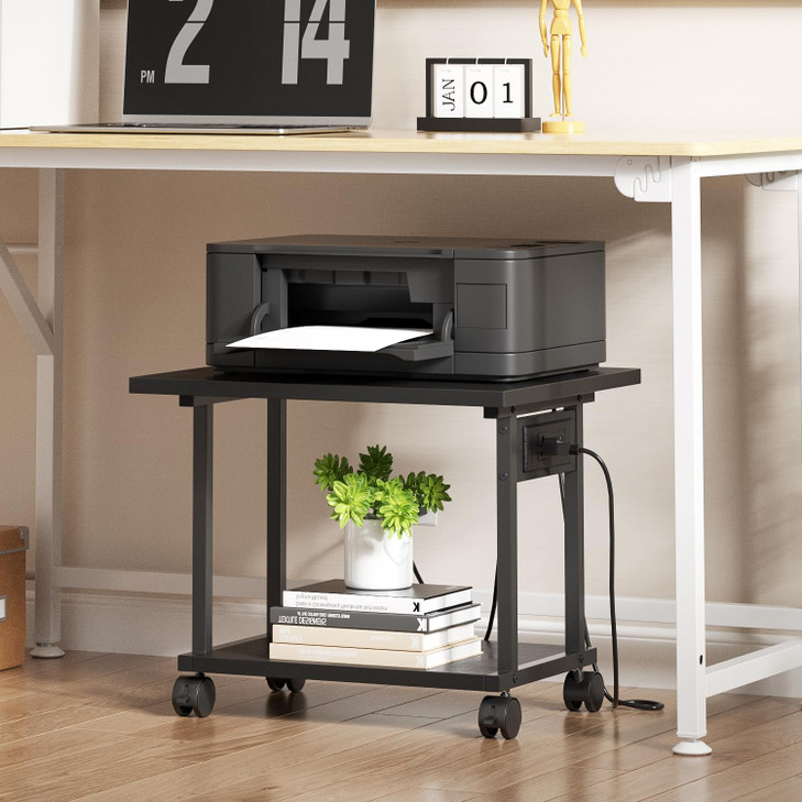 Asgolion Printer Table, 2-Tier Under Desk Printer Stand with Charging Station, Printer Stand with Wheels, PrinterShelf for Small Spaces, Printer Cart