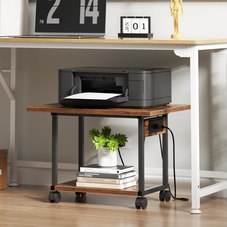 Asgolion Printer Table, 2-Tier Under Desk Printer Stand with Charging Station, Printer Stand with Wheels, Printer Shelf for Small Spaces, PrinterCart