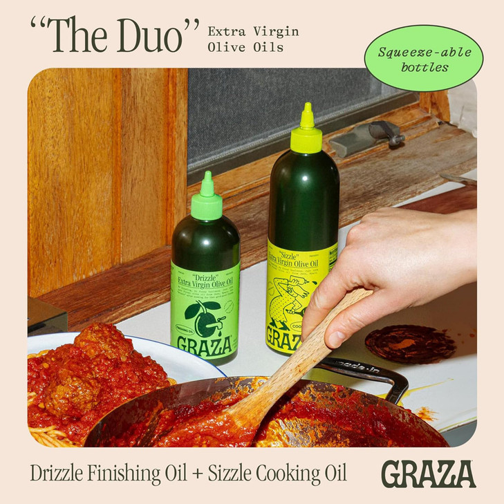 Graza Extra Virgin Olive Oil Variety Pack, Sizzle & Drizzle - High Polyphenol Peak Harvest EVOO Cooking & Finishing Oil in a Squeeze Bottle - Single