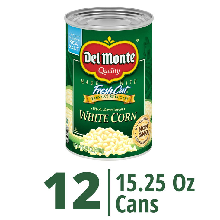 DEL MONTE FRESH CUT HARVEST SELECTS Sweet White Whole Kernel Corn, Canned Vegetables, 12 Pack, 15.25 oz Can