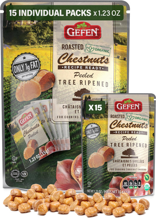 Gefen Organic Whole Roasted & Peeled Chestnuts, 1.23oz (15 Pack) Perfect Grab n' Go Snack | Keto Freindly | Certified Kosher (Including Passover)