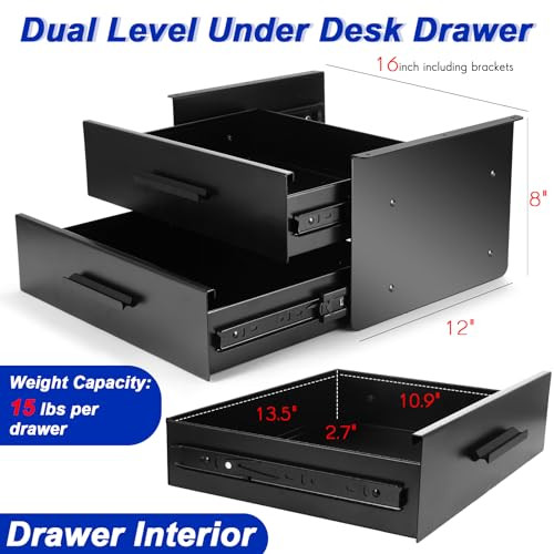 Menkxi 16 inch Under Desk Drawer Storage Pull out Storage Organizer Mounted Metal Sliding Hidden Under Counter Drawer Vertically Stacked for Office S