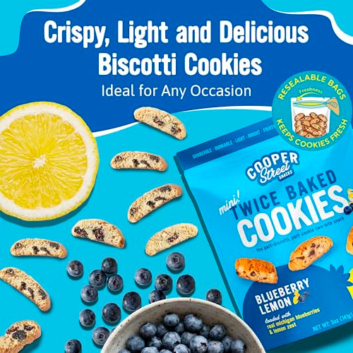 Cooper Street Twice Baked Lemon Blueberry Biscotti Cookies - Light and Crispy Coffee Cookie Bites - Traditional Low Calorie Italian Snacks for Adults