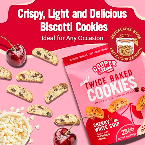 Cooper Street Twice Baked Cherry White Chip Biscotti Cookies - Light and Crispy Coffee Cookie Bites - Traditional Low Calorie Italian Snacks for Adul