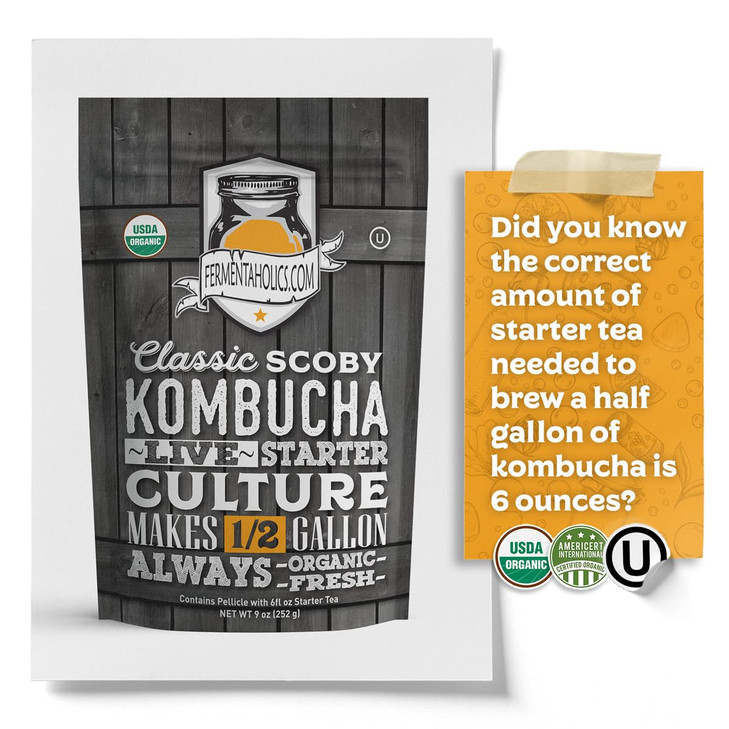 Fermentaholics Kombucha SCOBY - Live Starter Culture  Start A Half Gallon Batch  Six Ounces Of Strong Mature Starter Tea - Brew Your Own Kombucha