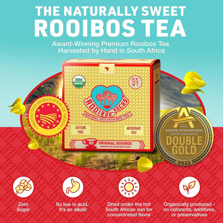 Caffeine Free Organic Rooibos Tea Bags 80 - Naturally Sweet Herbal Tea Safe for Kids & Pregnant Women  Low Tannin Premium South African Tea Red Tea
