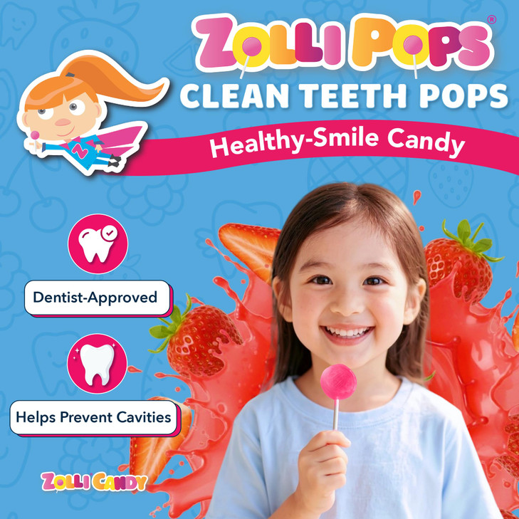 Zollipops Clean Teeth Pops Sugar Free Candy with Xylitol, Dye-Free Lollipops - Keto & Diabetic-Friendly, Dentist-Approved Treats for Kids (Strawberry